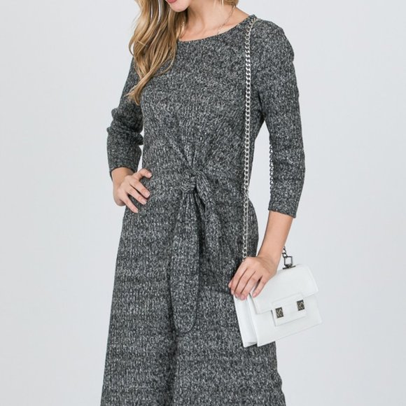 ✨Round Neck Grey Tie Front Sweater Dress - Picture 2 of 6